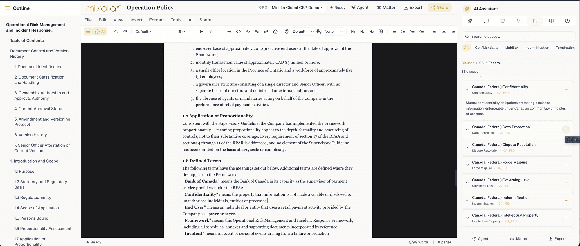 Cowork document editor with outline rail and AI clause assistant
