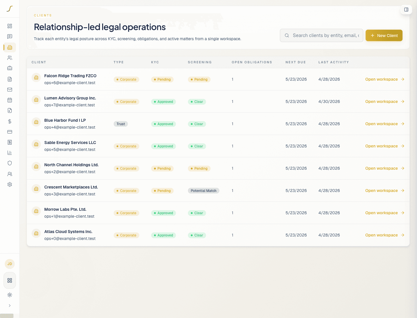 CRM clients list — relationship-led legal operations