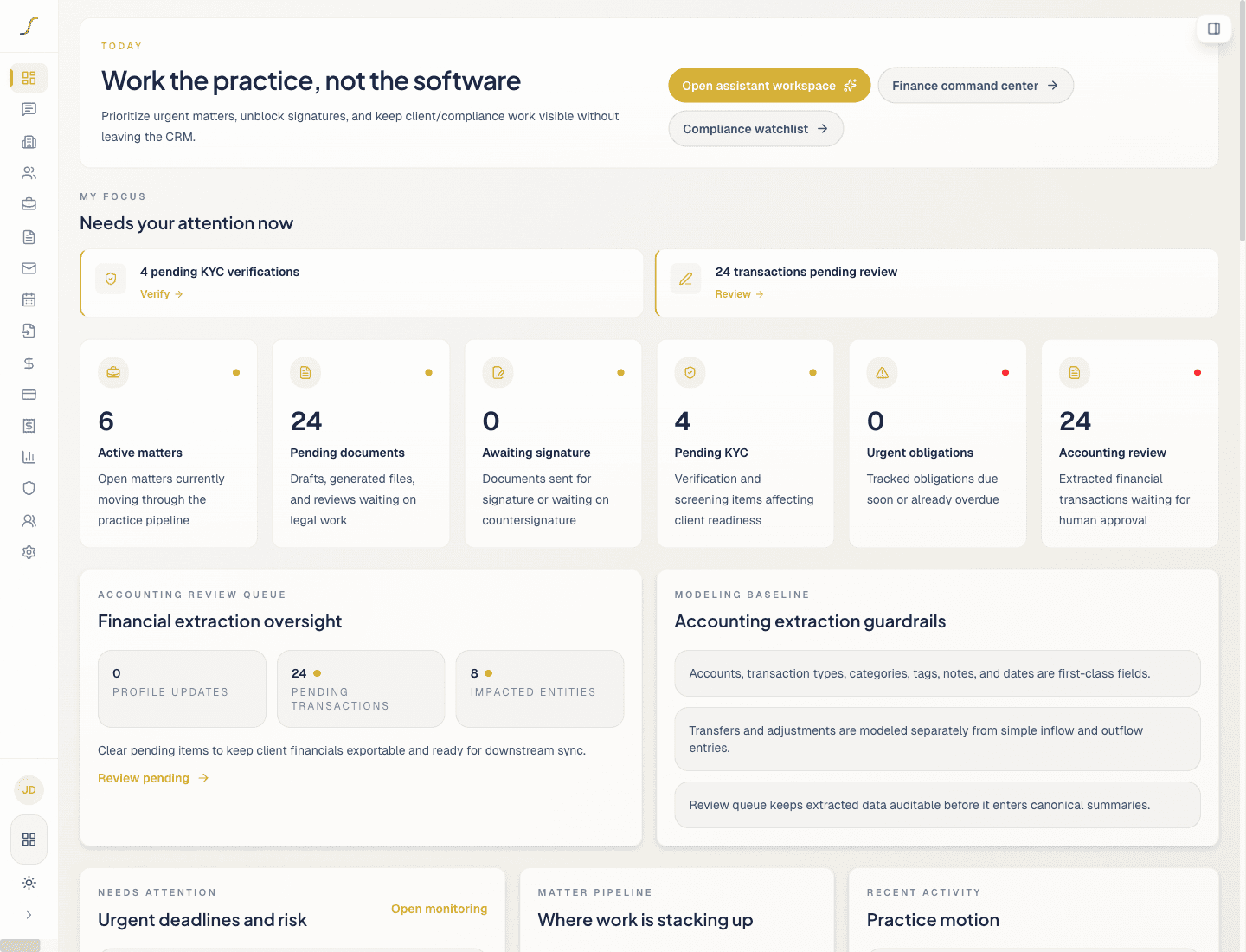 CRM practice dashboard with attention queue and review buckets