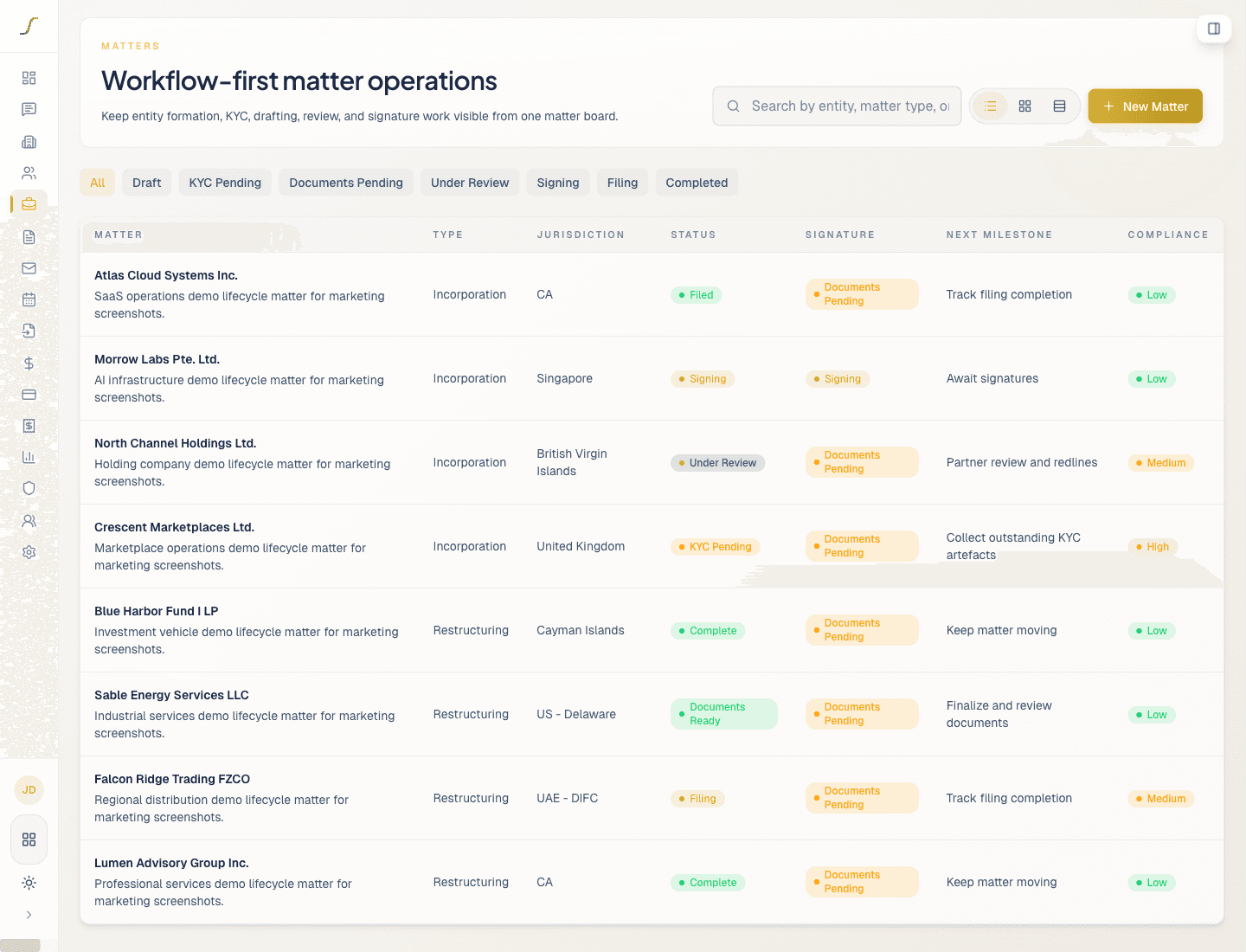 CRM matters table — workflow-first matter operations