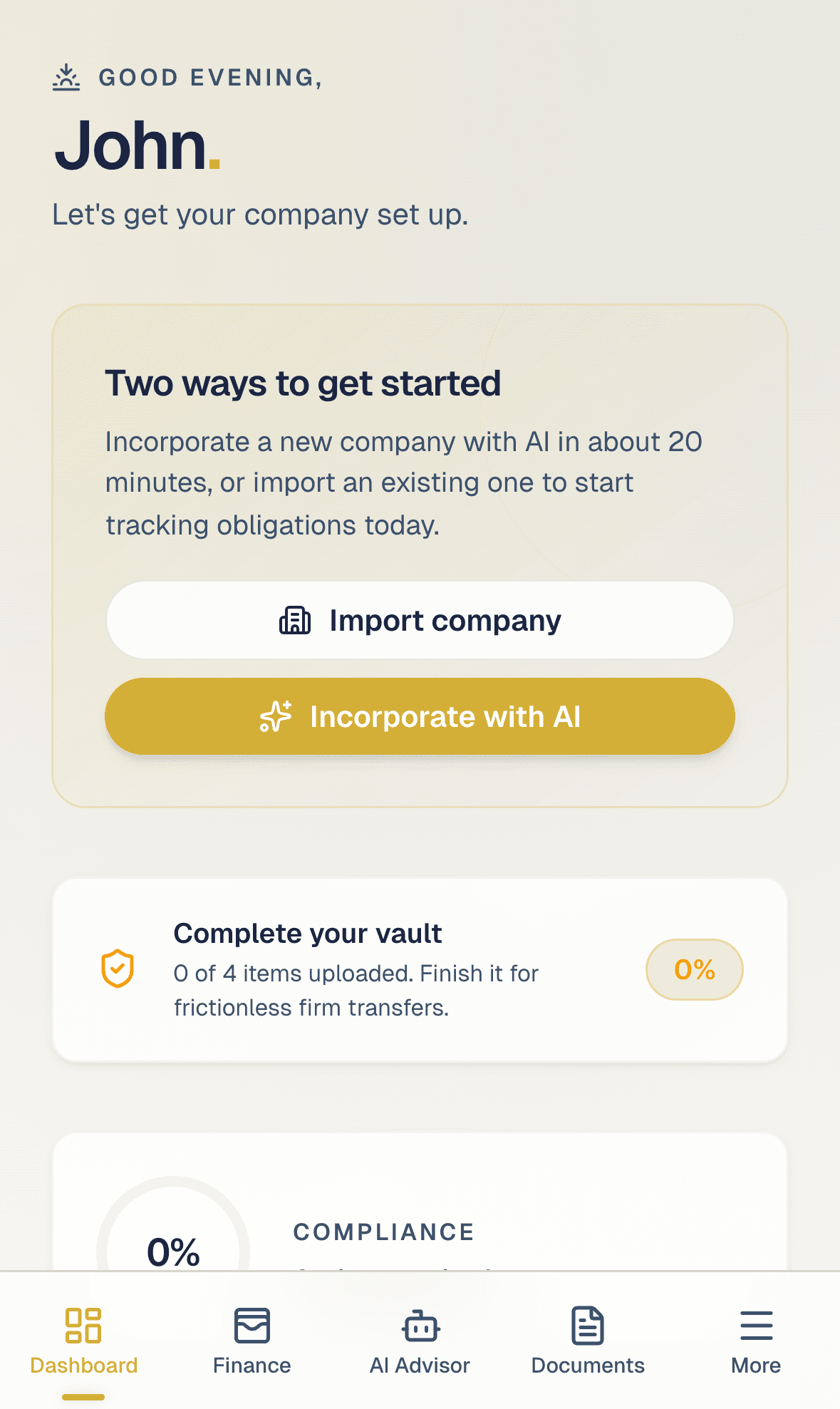 Founder dashboard with company setup steps and AI incorporate CTA