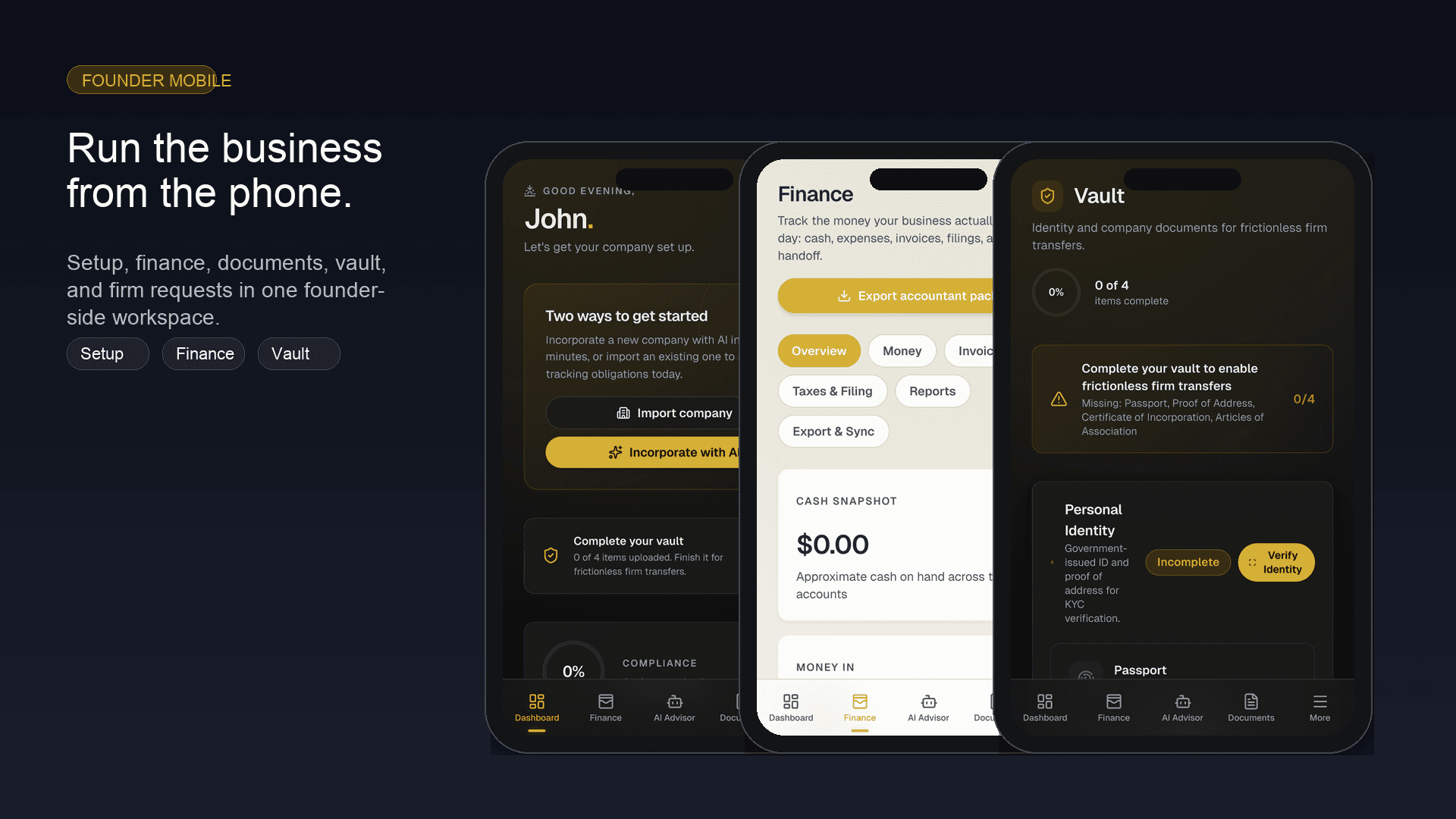 Three Founder app screens: dashboard, finance, and vault