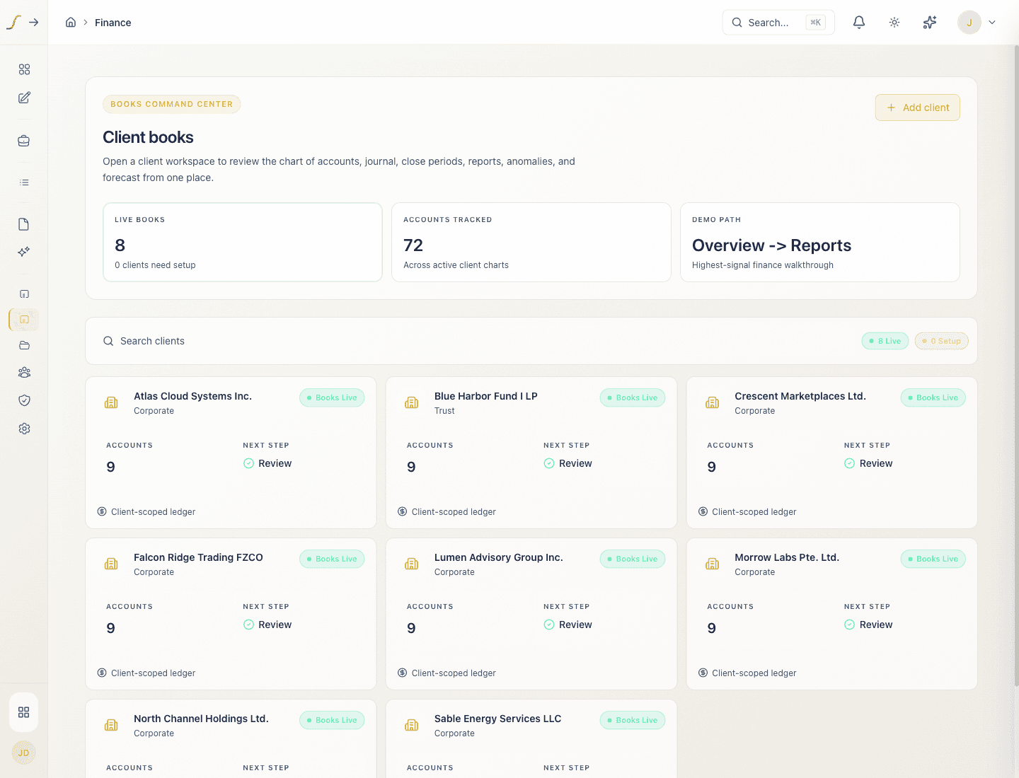 Finance hub with client books overview and review queue