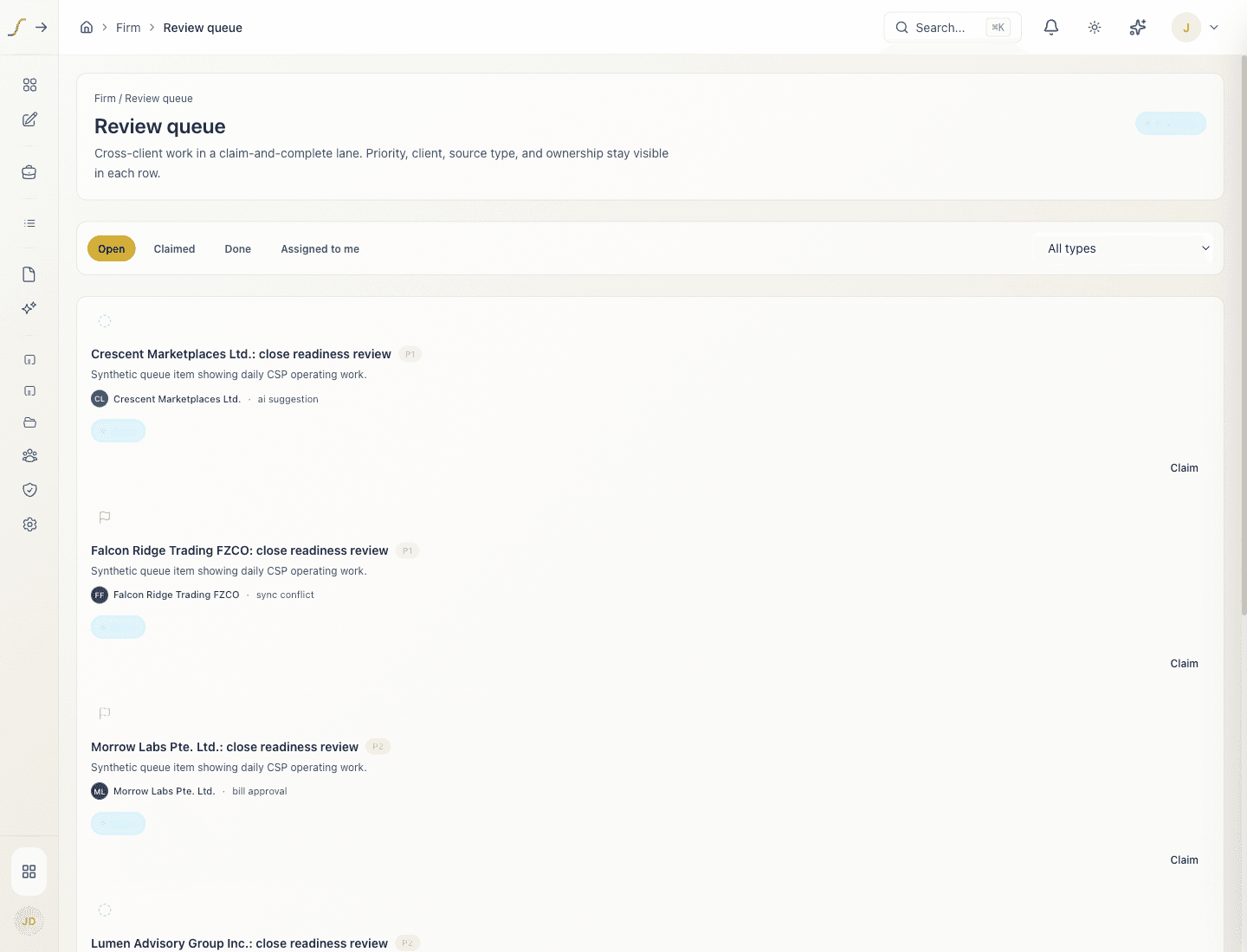 Firm review queue with cross-client work in priority order